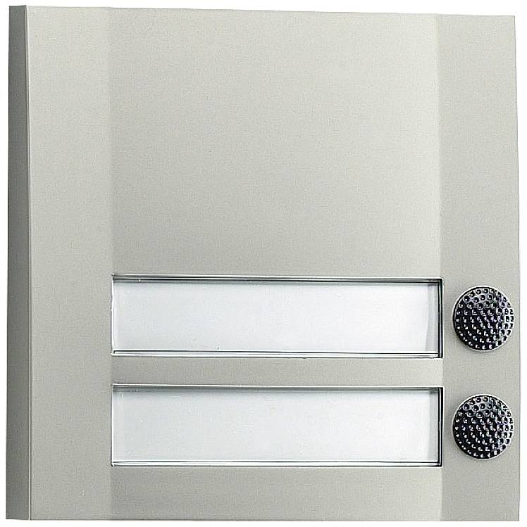 Graue Türklingel mit zwei Namensschildern übereinander und zwei runden Knöpfen rechts jeweils daneben.