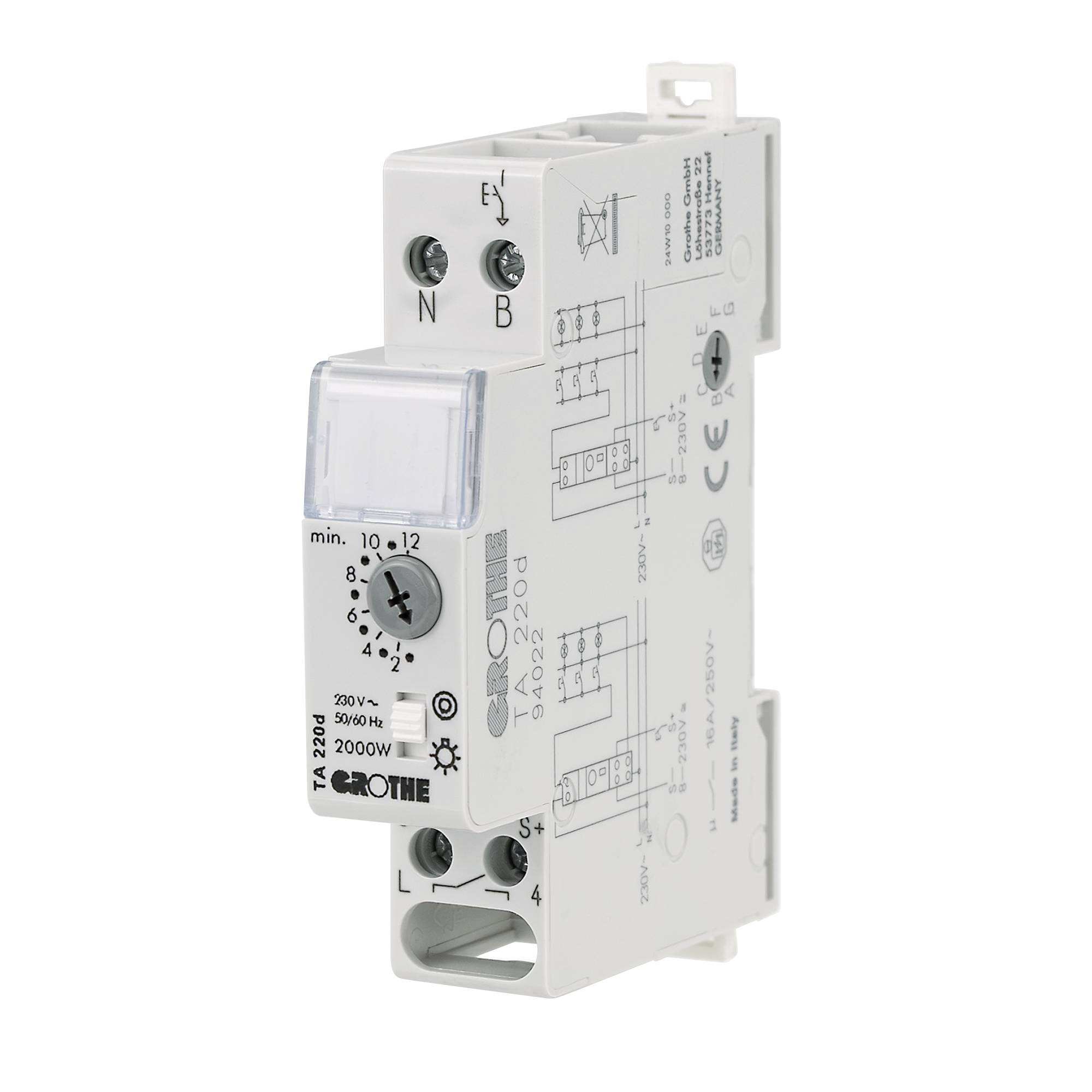 Weißes GROTHE TA2020D Elektrischer Zeit-Relaismodul mit Anschlussklemmen, Schaltplan und Einstellrad