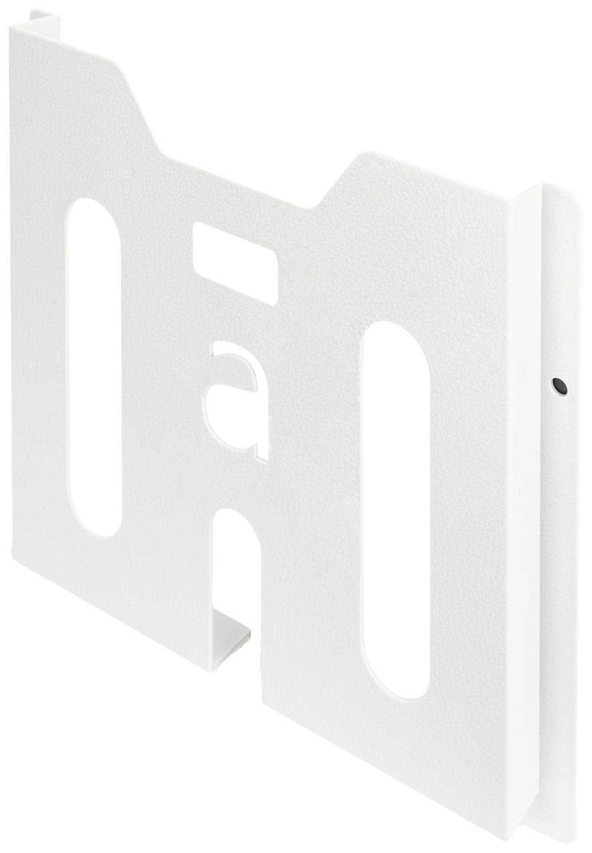 Weiße, rechteckige Metallhalterung mit ovalen Aussparungen und einem 'a' in der Mitte, zur Befestigung an einer Wand oder Oberfläche.
