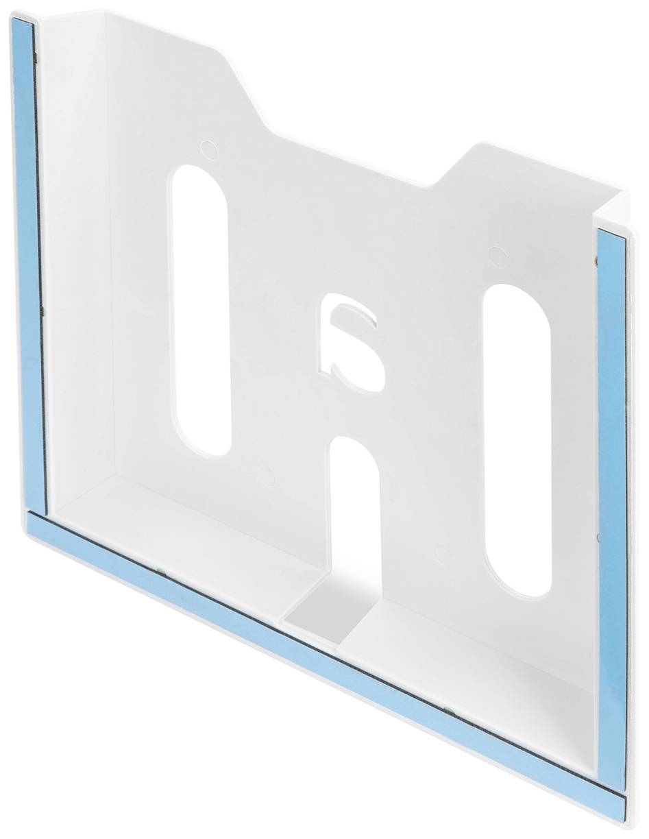 Weiße Kunststoffhalterung mit blauen Kanten, seitlich geöffnet, mit ovalen Aussparungen.