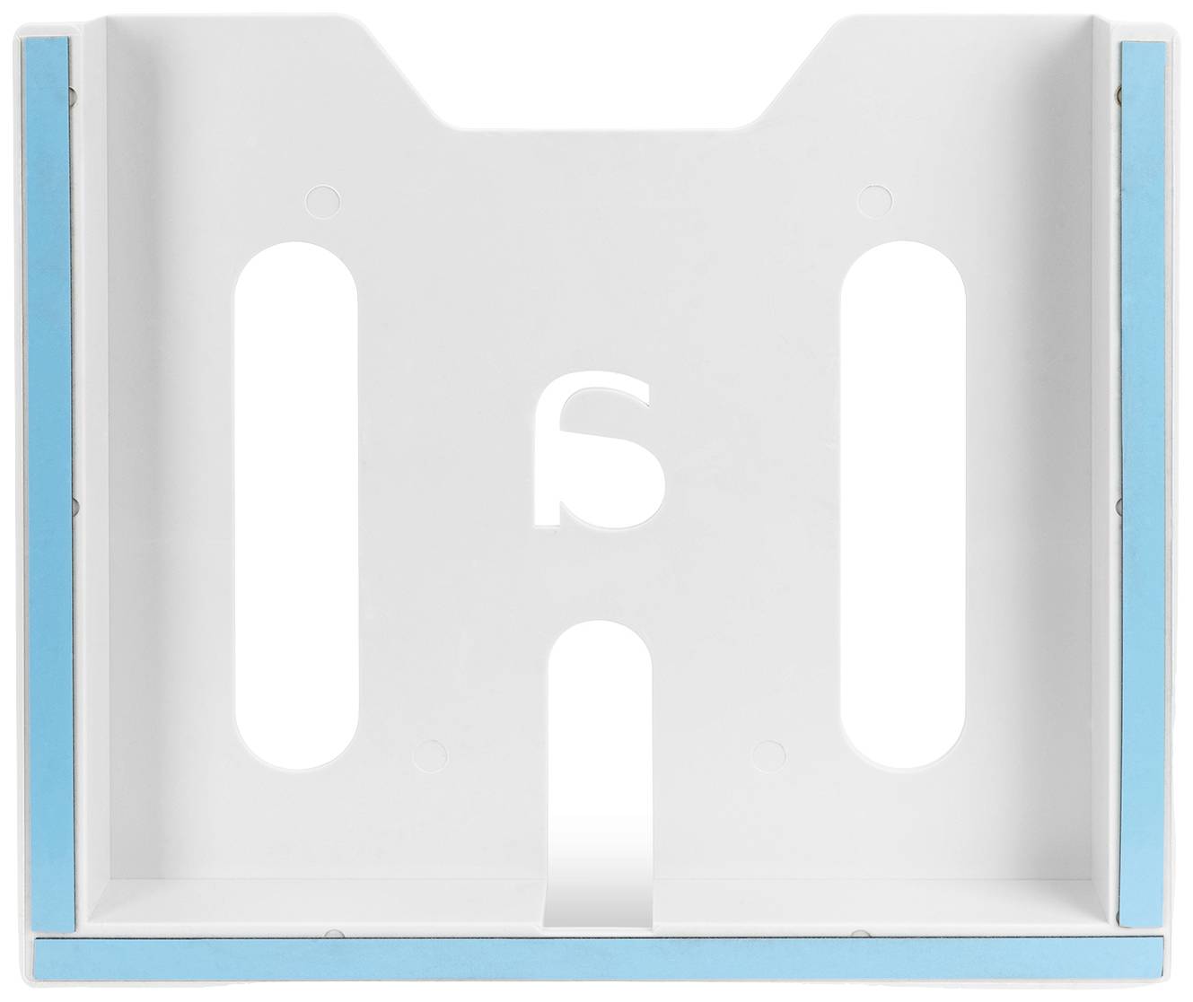 Leeres vertikales Regal, weiß mit blauen Kanten, Rückseite hat fünf Aussparungen.