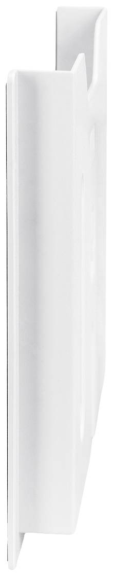 Weißes, rechteckiges Plastikgehäuse mit abgerundeten Kanten und einer Hakenstruktur für Wandmontage, möglicherweise für Kabelmanagement.
