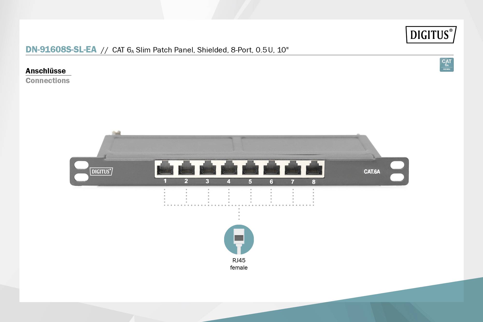 'DN-91608S-SL-EA' CAT 6 Patchfeld, geschirmt, 8 Port, 0,5U. Darstellung mit einem RJ45-Anschluss hervorgehoben.