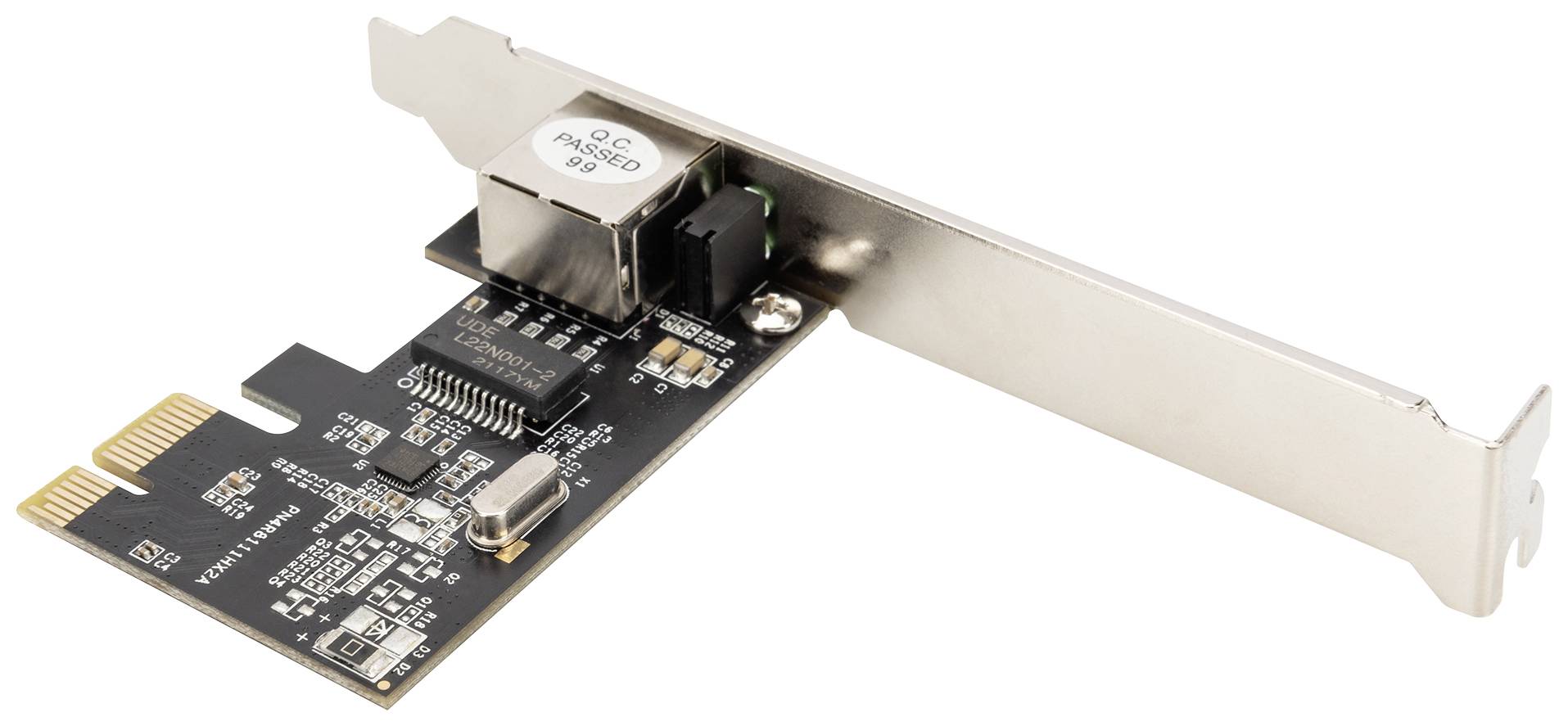 Eine PCIe-Netzwerkkarte mit Metallhalterung, die für den Einbau in einen Computer geeignet ist. Enthält elektronische Komponenten auf schwarzer Platine.