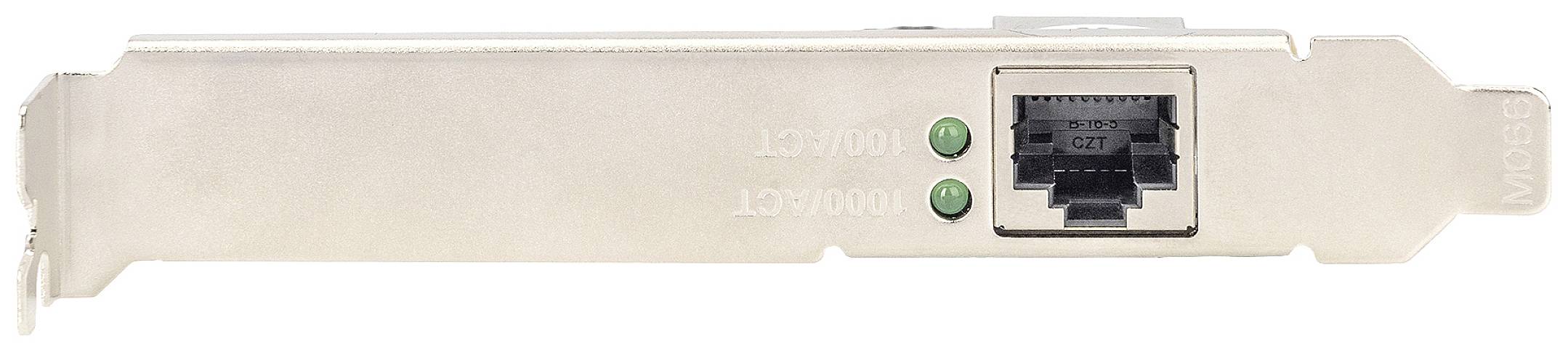 Eine Netzwerkkarte mit einem Ethernet-Anschluss und zwei LED-Anzeigen auf der Metallblende.