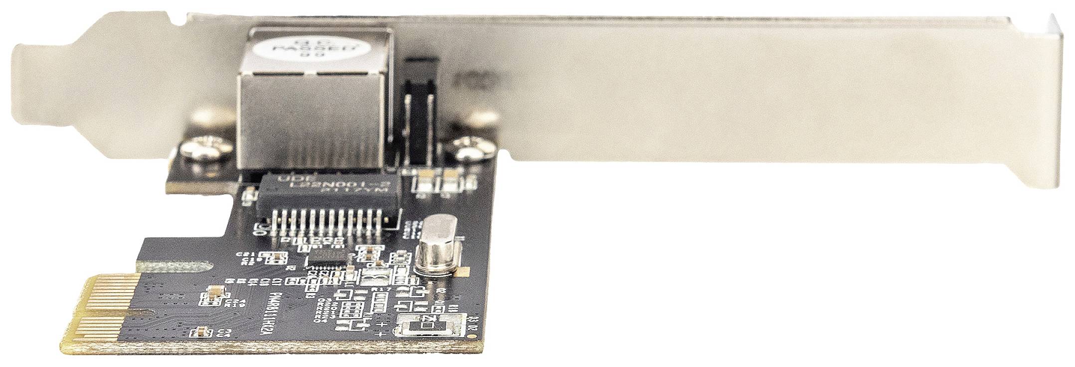 Netzwerkkarte mit Metallgehäuse und Anschluss, geeignet für PCIe-Steckplätze. Essenziell für Computervernetzung und Internetzugang.