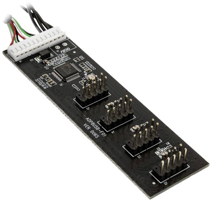 Ein schwarzes PCB-Modul mit mehreren Stiftleisten und Kabelanschlüssen, verwendet für elektronische Verbindungen und Steuerungen.