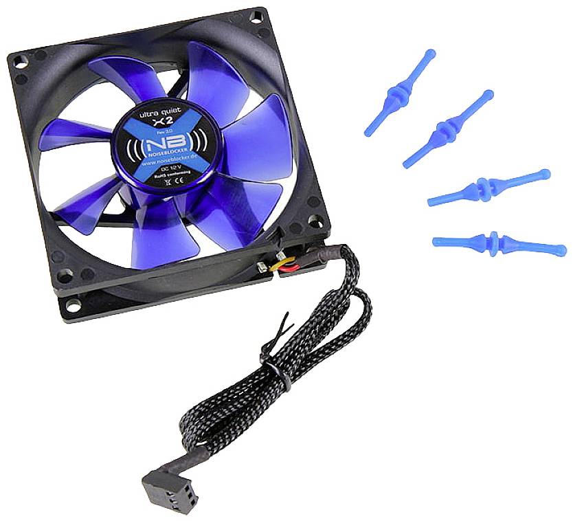 Computerlüfter mit blauem Rotor, schwarzem Kabel und vier blauen Montage-Pins, geeignet für Kühlung und Geräuschreduzierung.