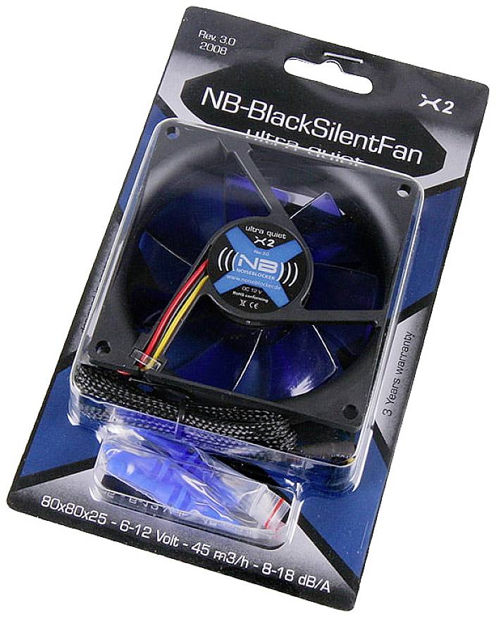 'NB-BlackSilentFan 120mm', leiser Lüfter in schwarzem Design mit blauen Akzenten, geeignet für Gehäusekühlung, mit 6-12 Volt Spannung.