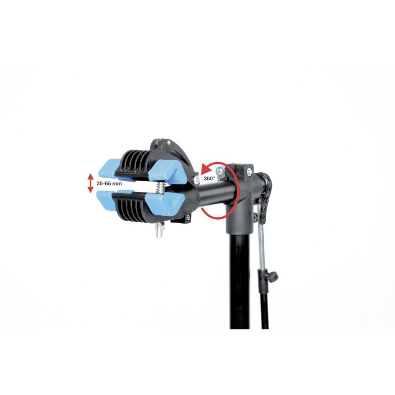 Fahrradmontageständer: Verstellbare Klemme mit 35-65 mm Spannweite und 360-Grad-Drehmöglichkeiten für vielseitige Reparaturen.