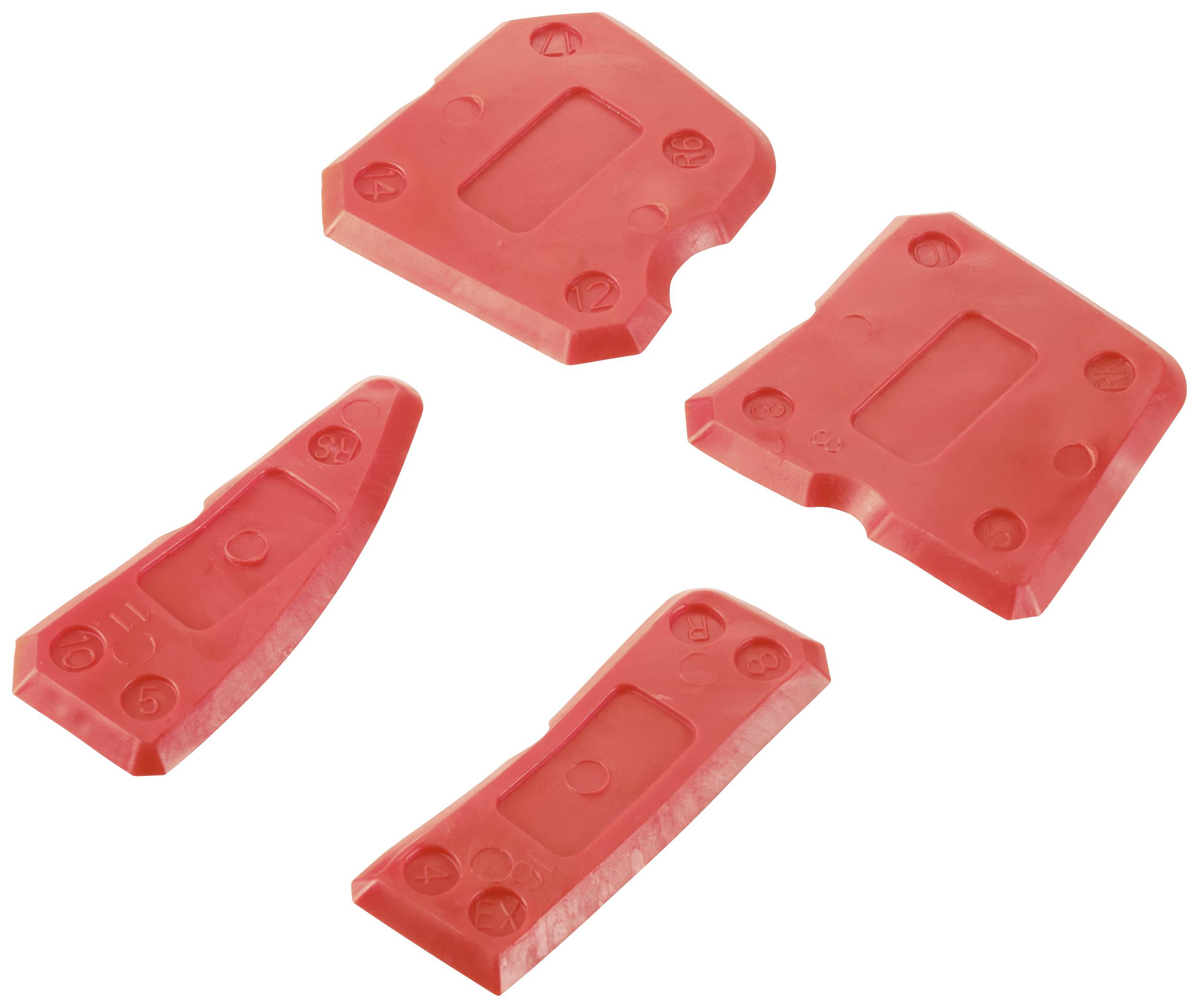 Vier rote, unterschiedlich geformte Kunststoffteile, möglicherweise Komponenten oder Teile eines größeren Gegenstands.