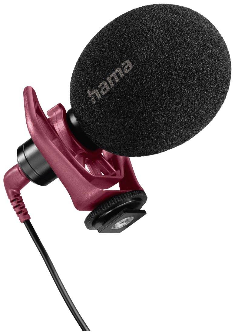 Schwarzes Mikrofon mit rotem Clip und Kabel, positioniert für Audioaufnahmen, hama-Logo sichtbar auf dem Mikrofonkopf.