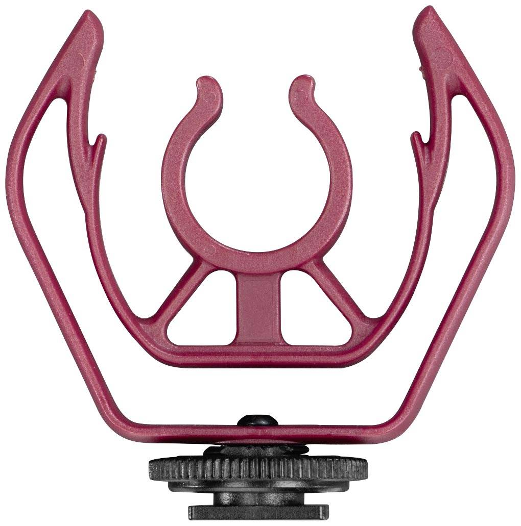 Roter Mikrofonhalter mit universellem Clip und Drehknopf, geeignet für verschiedene Mikrofongrößen.