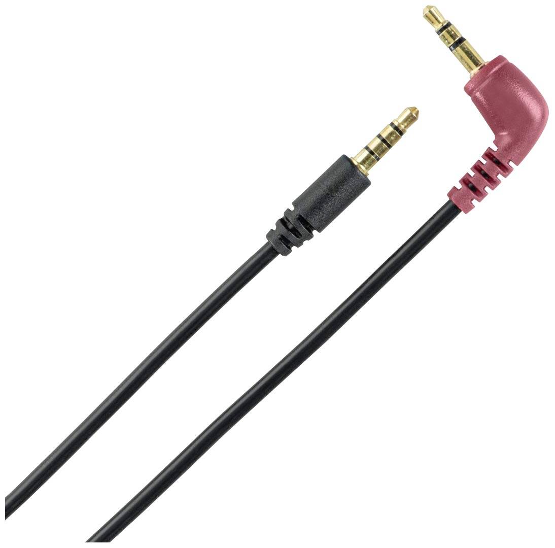 Zwei Audiokabel mit 3,5-mm-Steckern, eines gerade und schwarz, das andere abgewinkelt und rot. Ideal zum Anschluss von Audiogeräten.