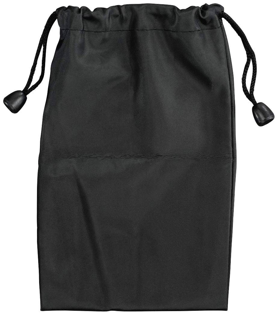 Schwarzer Kordelzugbeutel aus Stoff, leer. Hauptmerkmal ist die einfache und funktionale Aufbewahrungslösung.