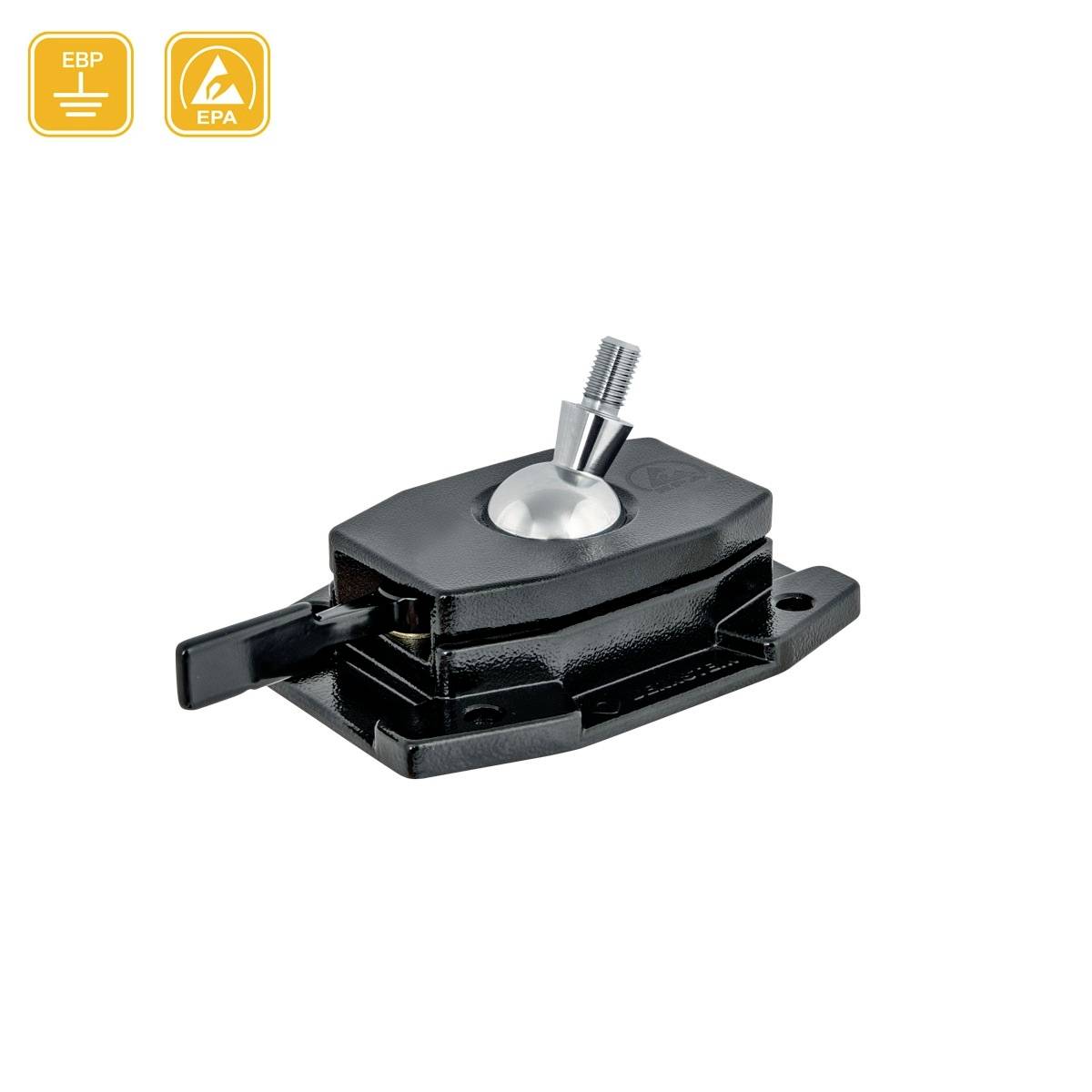 Ein schwarzes mechanisches Teil mit Hebel und Gewinde, möglicherweise für industrielle Zwecke. Oben links sind zwei Symbole: ein Erde- und ein EPA-Symbol.