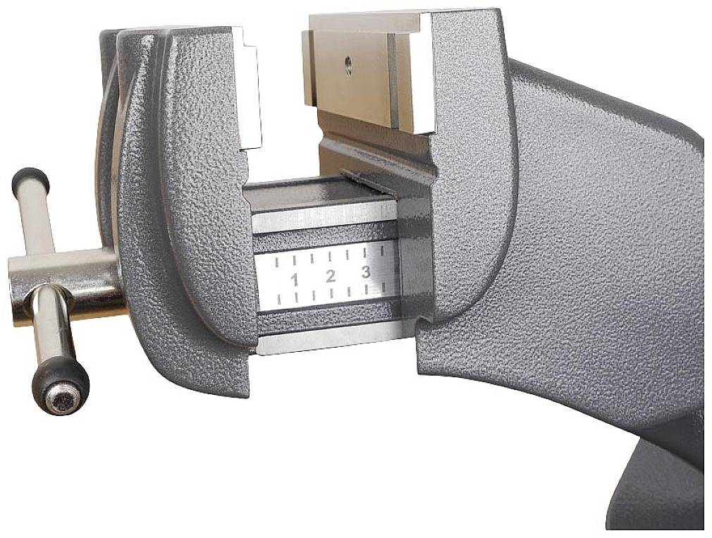 Ein Schraubstock mit offener Backe, der eine Längenmessskala von 1 bis 6 anzeigt. Nur die rechte Griffseite ist sichtbar.