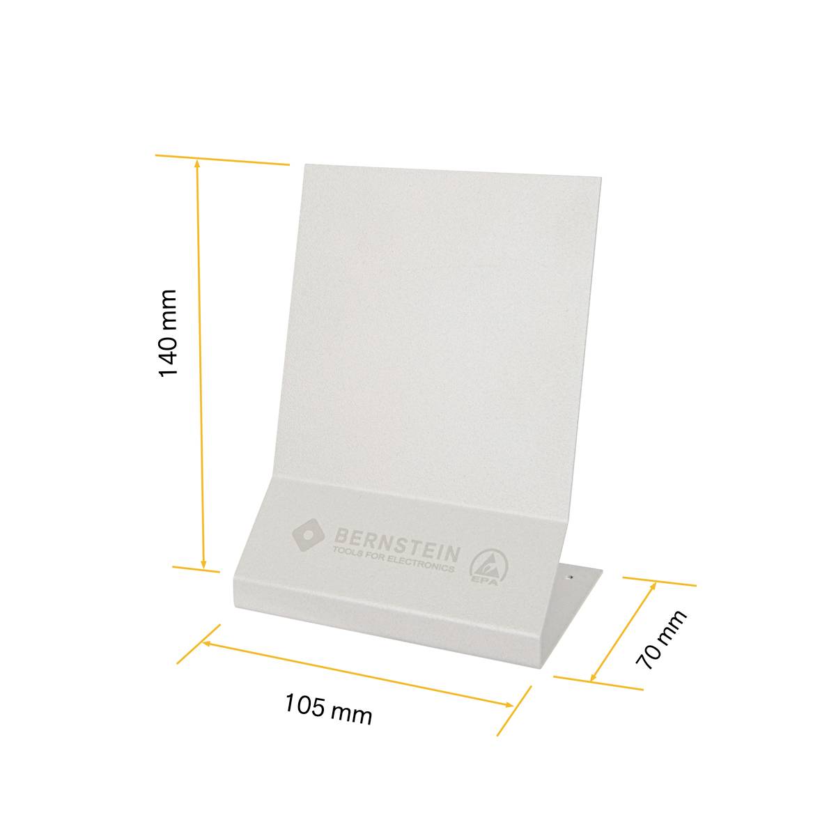 Weißer Displayständer mit den Maßen 140 mm x 105 mm x 70 mm, markiert mit 'Bernstein Tools für Elektronik'.