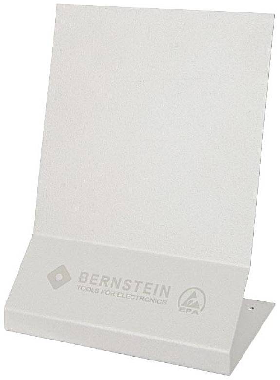 Weiße Display-Halterung aus Metall mit schrägem Standfuß. Aufdruck 'BERNSTEIN TOOLS FOR ELECTRONICS' und EPA-Logo.
