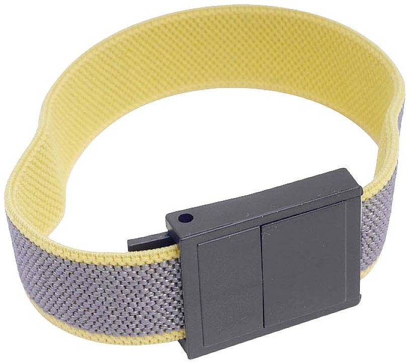Ein Armband mit gelbem und grauem Stoff, einem schwarzen rechteckigen Verschluss. Es wird möglicherweise als Sicherheitsarmband verwendet.