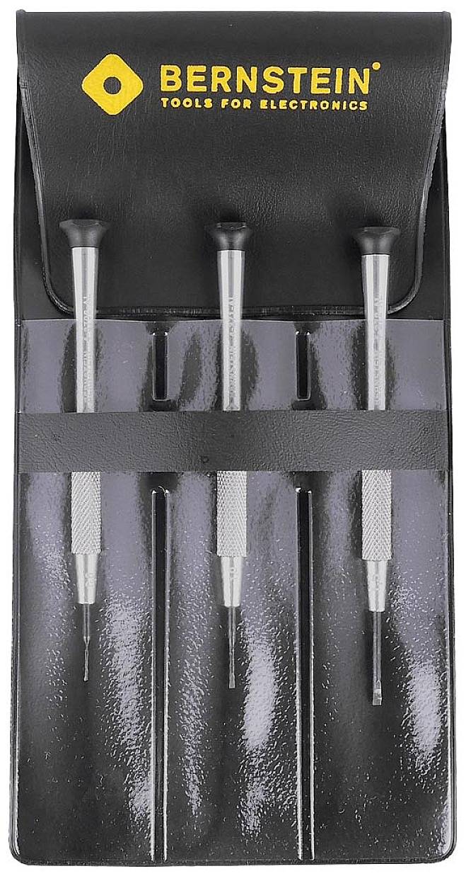 Drei Präzisions-Schraubenzieher für Elektronik in einer schwarzen Schutzhülle mit gelbem 'Bernstein Tools for Electronics'-Label.