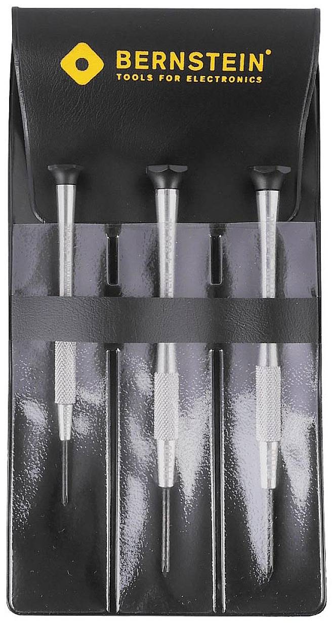 Drei Präzisions-Schraubendreher in einer schwarzen Tasche mit der Aufschrift 'BERNSTEIN - Tools for Electronics'. Ideal für Elektronikarbeiten.