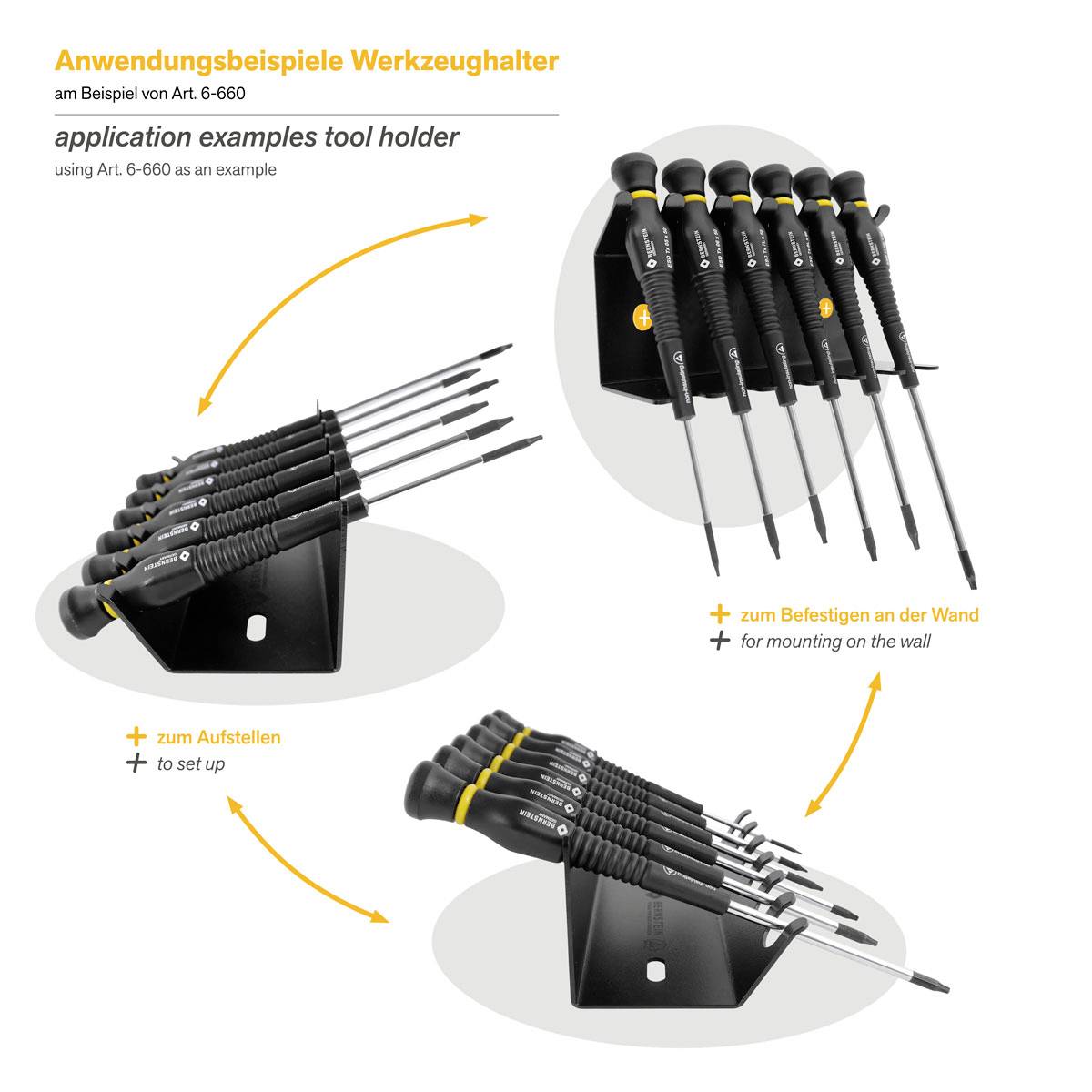 Anwendungsbeispiel eines Werkzeugs mit Schraubendrehern in einem schwarzen Halter, der an der Wand montiert oder aufgestellt werden kann.