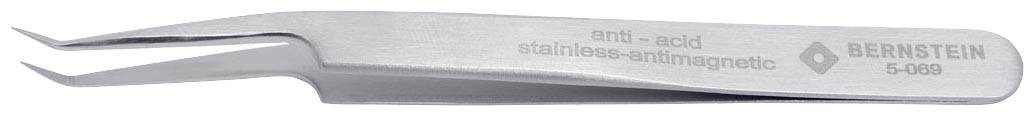 Pinzette aus Edelstahl mit der Aufschrift 'anti-acid, stainless, antimagnetic, BERNSTEIN 5-090', geeignet für präzises Greifen.