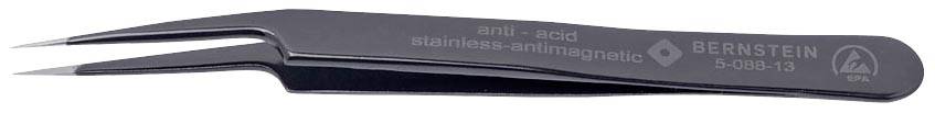 Eine schwarze Präzisionspinzette mit der Aufschrift 'anti-acid stainless-antimagnetic BERNSTEIN 5-066-15' auf dem Griff.
