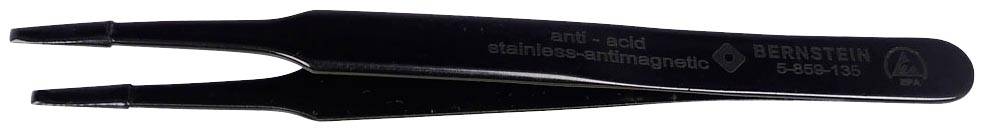 Schwarze Präzisionspinzette mit feinen Spitzen, geeignet für empfindliche Aufgaben, unvermagnetisch, Edelstahl-material.
