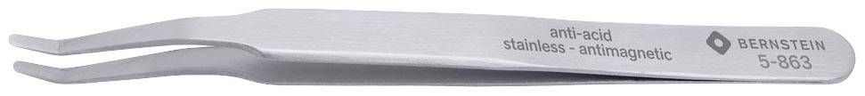 Eine silberne Pinzette mit gebogenen Spitzen, beschriftet mit 'anti-acid stainless antimagnetic BERNSTEIN 5-863'.