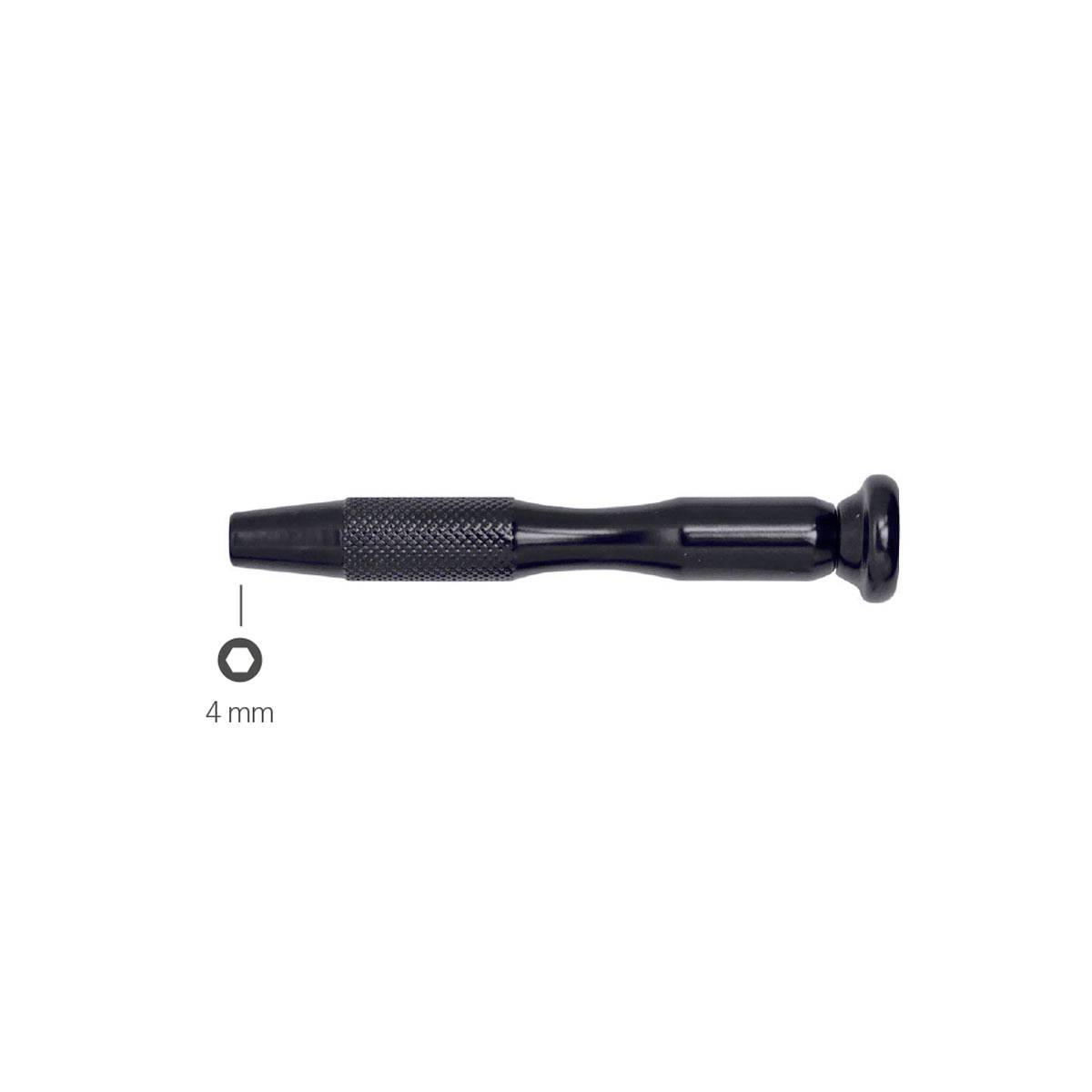 Ein schwarzes Werkzeug mit geriffeltem Griff und stumpfer Spitze, neben einem Ring, der '4 mm' anzeigt.
