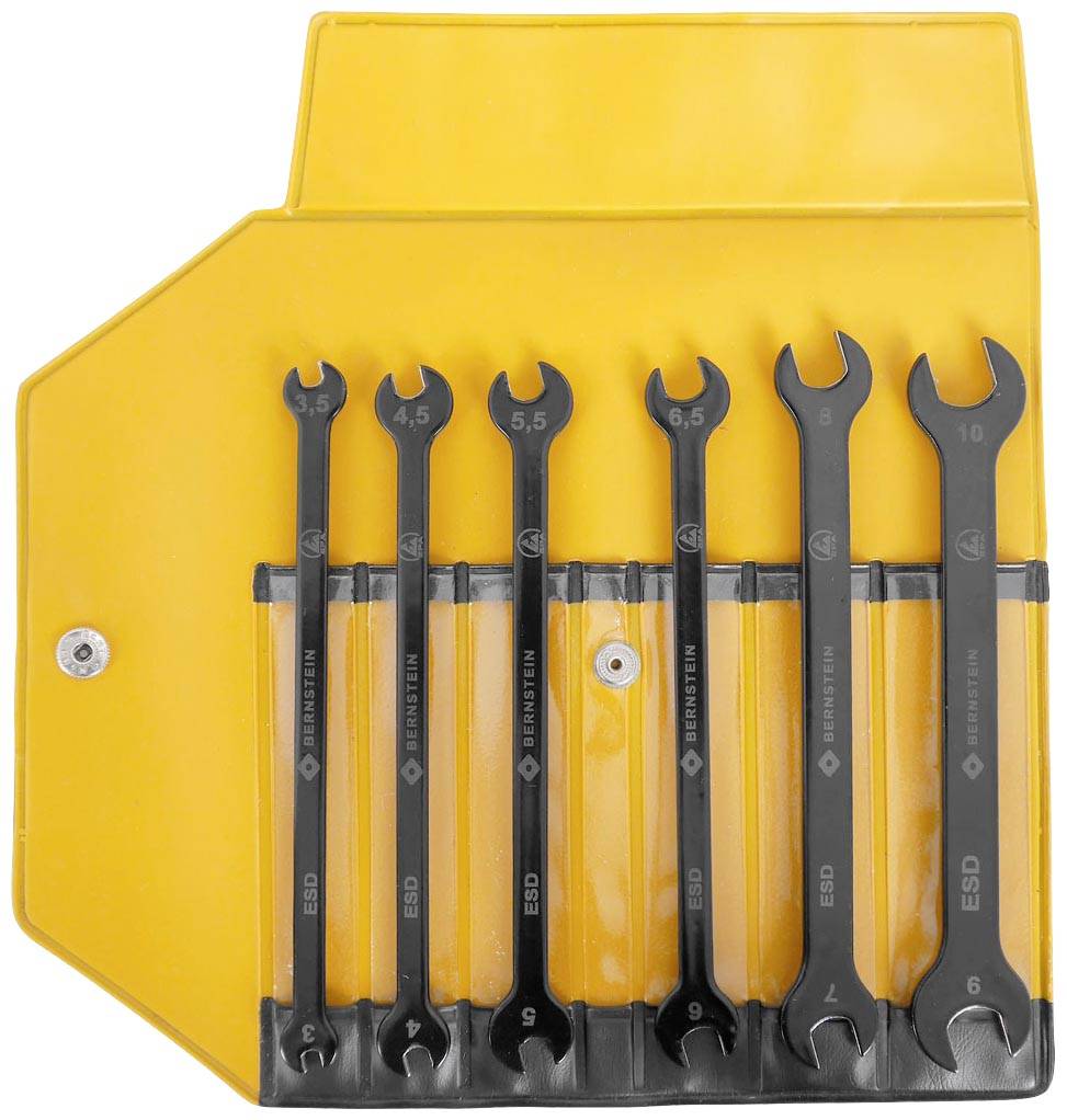 Sechsteiliges Maulschlüssel-Set in gelber Kunststoffhalterung. Größen von 4 bis 10 mm. Werkzeuge sind schwarz und offen.