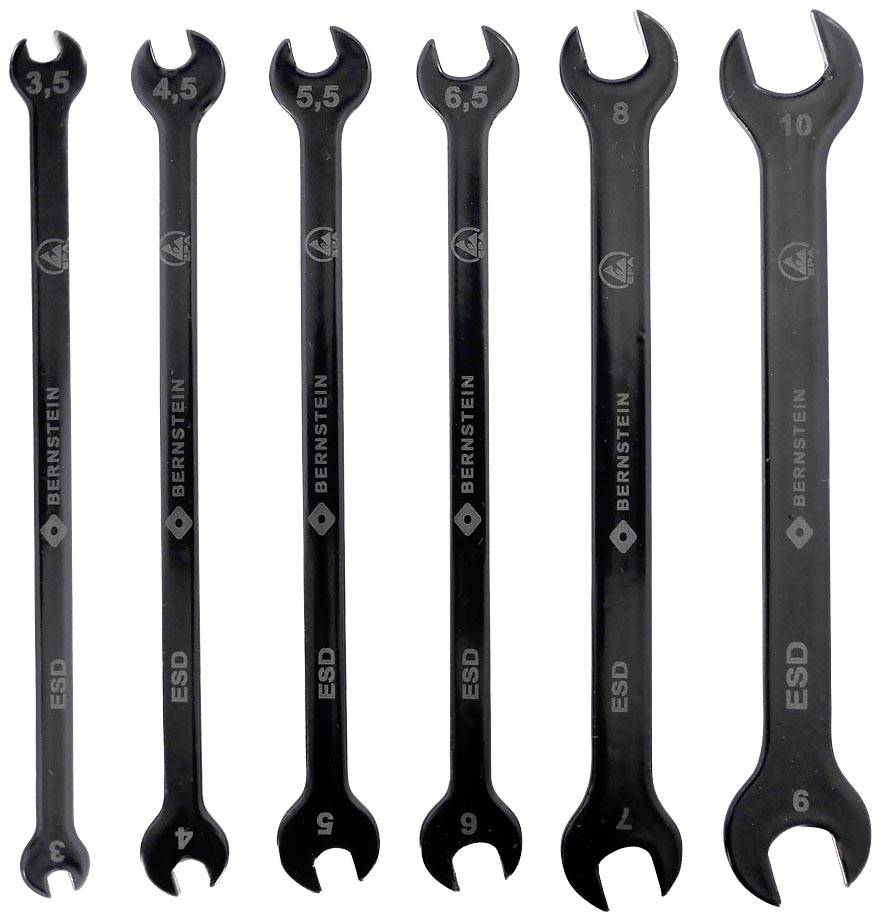 Sechs Schraubenschlüssel in verschiedenen Größen von 4 bis 10 mm, aus schwarzem Metall mit der Aufschrift 'Bernstein'.
