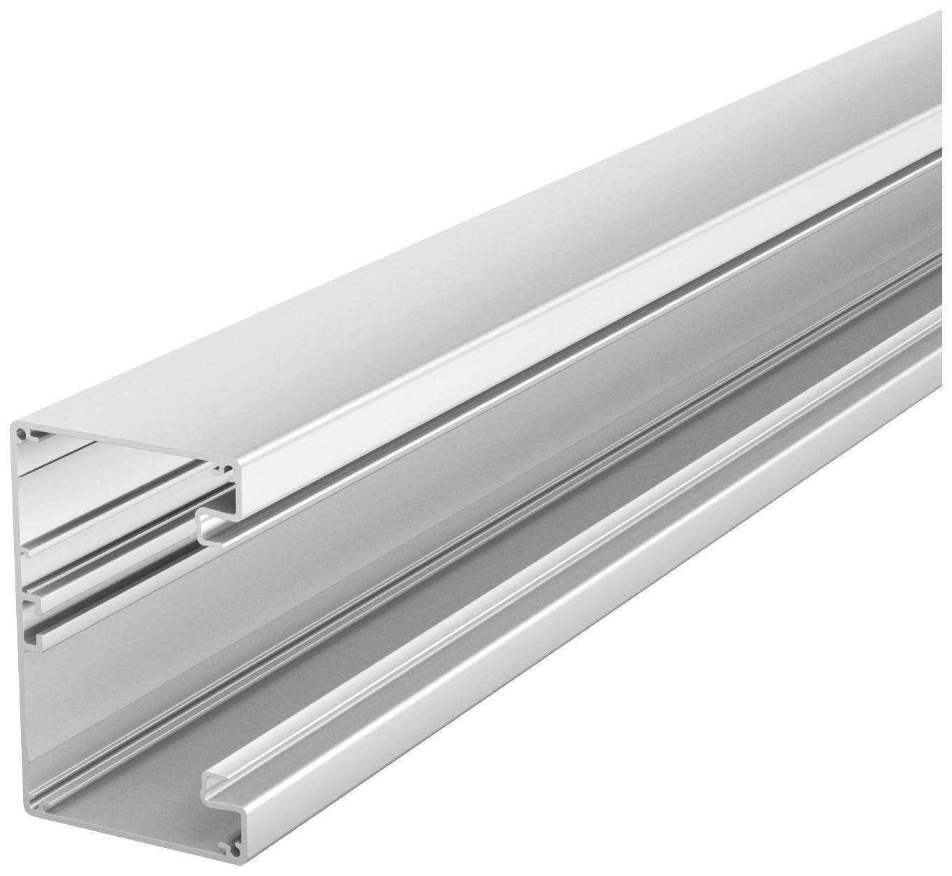 Aluminiumschiene mit rechteckigem Profil, seitlich geöffnet. Sie wird für Deckenbefestigungen verwendet und zeigt ein schlichtes, funktionales Design.