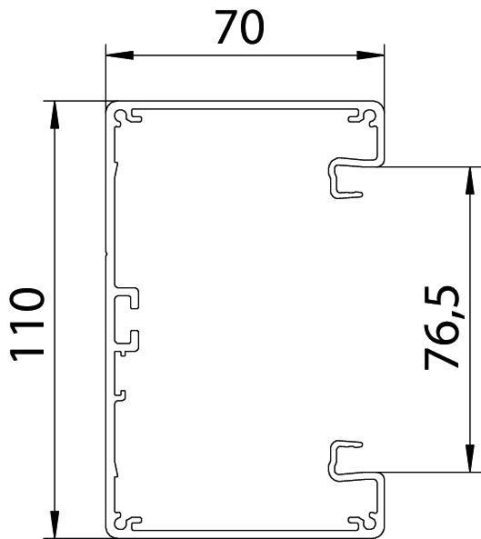Technische Zeichnung eines rechteckigen Profils mit Maßen: Breite 70 mm, Höhe 110 mm, seitliche Erhebung 76,5 mm.