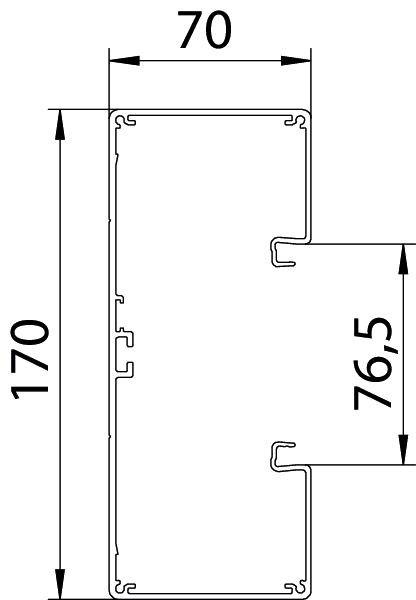 Technische Zeichnung eines Rechteckprofils mit Maßen: Breite 70 mm, Höhe 170 mm, zusätzlicher Vorsprung 76,5 mm.