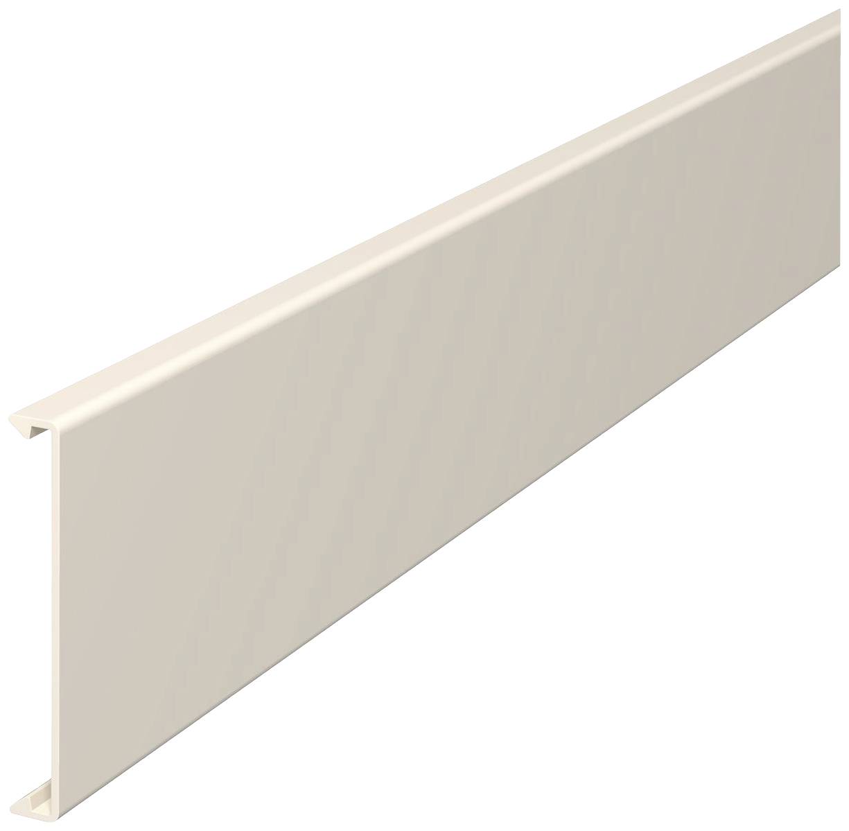 Längliches, cremefarbenes Kunststoffprofil, das rechtwinklig abgebildet ist.