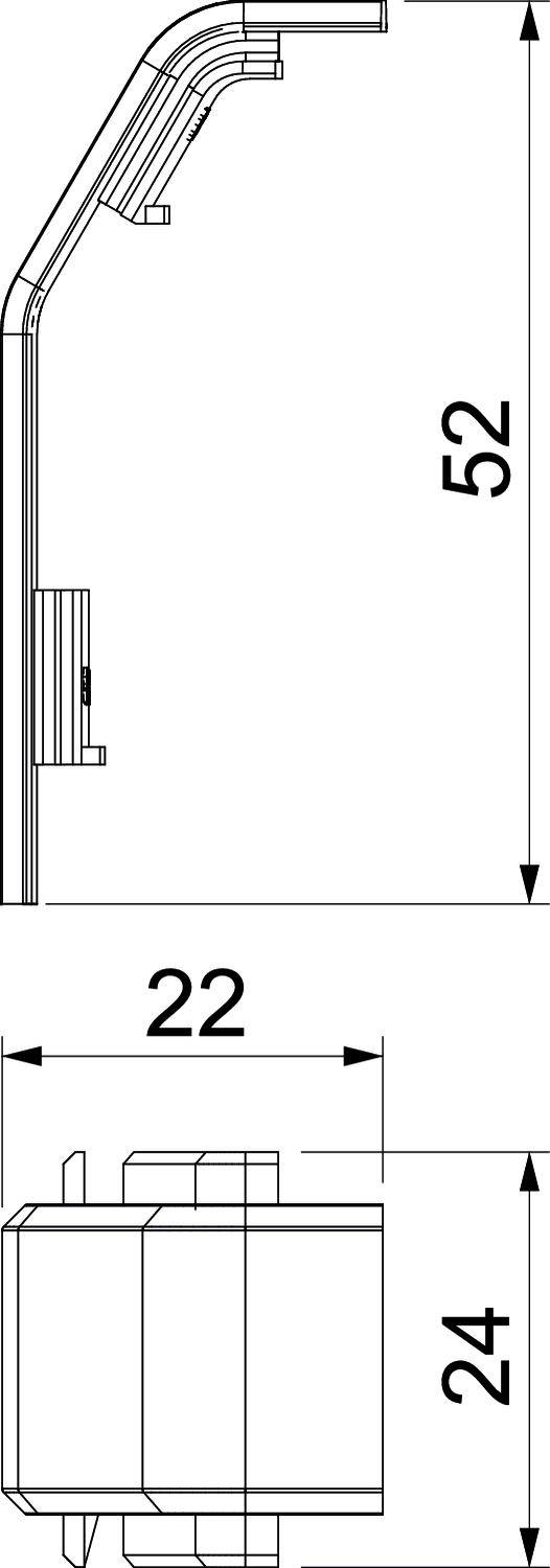 Technische Zeichnung eines Bauteils; Profilansicht zeigt Höhe (52 Einheiten), Breite (22 Einheiten) und Tiefe (24 Einheiten).