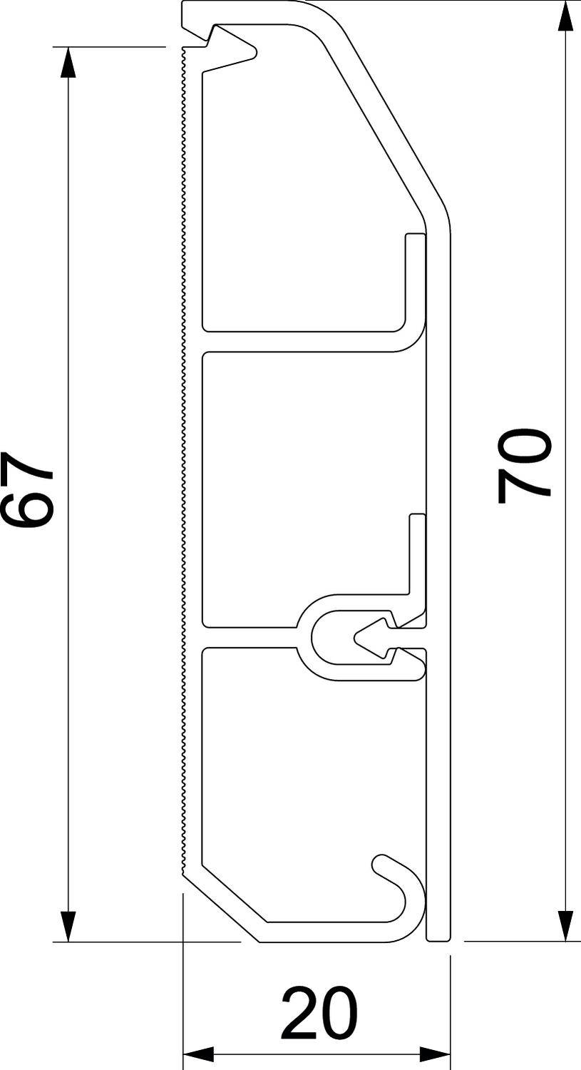 Technische Zeichnung eines Profilquerschnitts mit den Maßen 70 x 67 x 20 mm. Zeigt genaue Innenstruktur und Dimensionen des Profils.