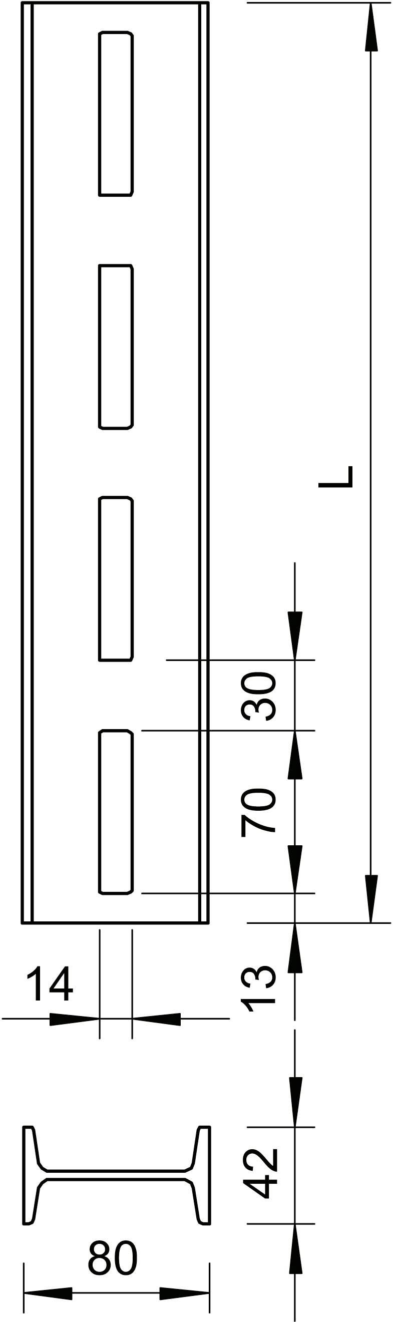 Diagramm eines Metallprofils mit Maßen: Länge L, Breite 80 mm, Höhe 42 mm. Abstände: 70 mm zwischen Schlitzen, 13 mm und 14 mm.