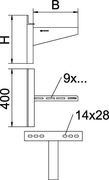 Technische Zeichnung einer Wandhalterung mit den Maßen 'B', 'H' und '400'. Schraubenlöcher beschrieben als '9x...' und '14x28'.