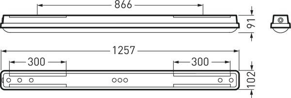 Technische Zeichnung einer rechteckigen Lichtleiste mit Abmessungen; Länge: 1257 mm, Breite: 102 mm, Höhe: 91 mm, mit Montageschlitzen.