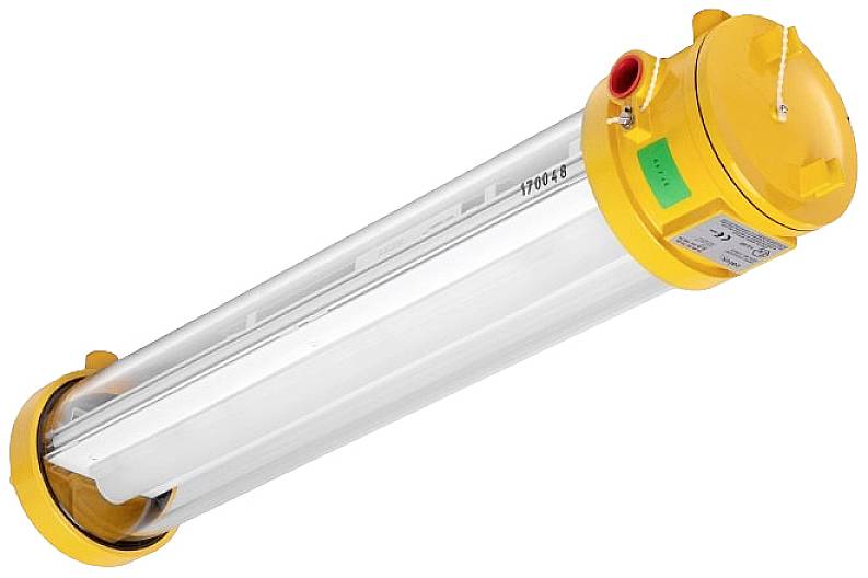 Ein gelb-umrahmtes, röhrenförmiges Lichtgerät mit einer transparenten Abdeckung. Ventil und Etikett der technischen Daten sichtbar.