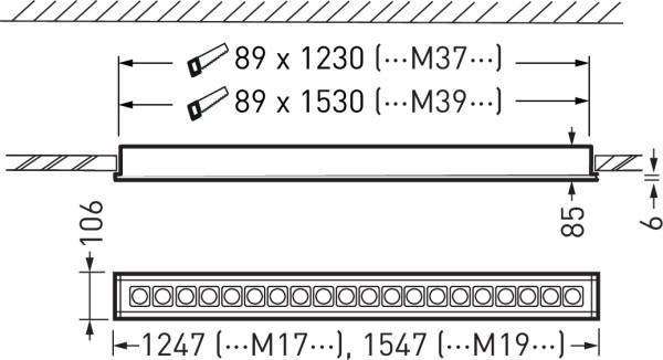 Technische Zeichnung eines Bauteils mit Maßen: Länge 89 x 1230 oder 89 x 1530, Höhe 106, Breite 85; zwei Pfeile zeigen zu Messungen.