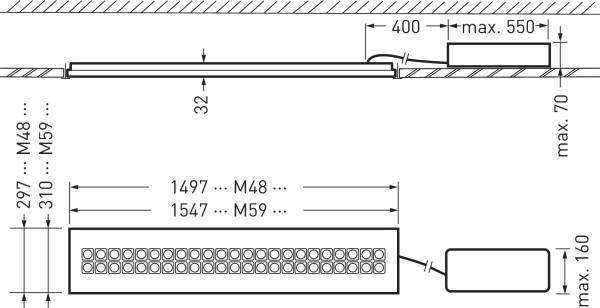 Technische Zeichnung eines länglichen Bauteils. Es zeigt Messungen: Länge 1497-1547 mm, Breite 297-310 mm, Höhe maximal 160 mm.