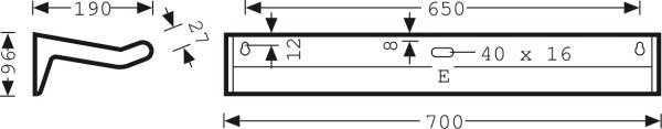 Technische Zeichnung eines Metallprofils mit Maßen: Höhe 96, Länge 700, innere Breite 650, Ausschnitt 40 x 16, innere Breite 12.