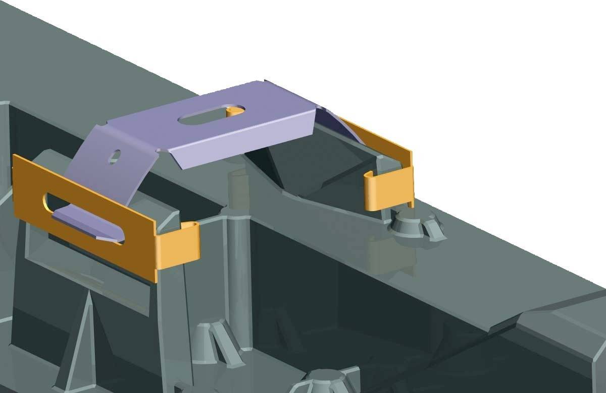3D-Modell einer grauen Maschine mit orangefarbenen und lila Halterungen. Zeigt Details der Befestigungsstruktur.