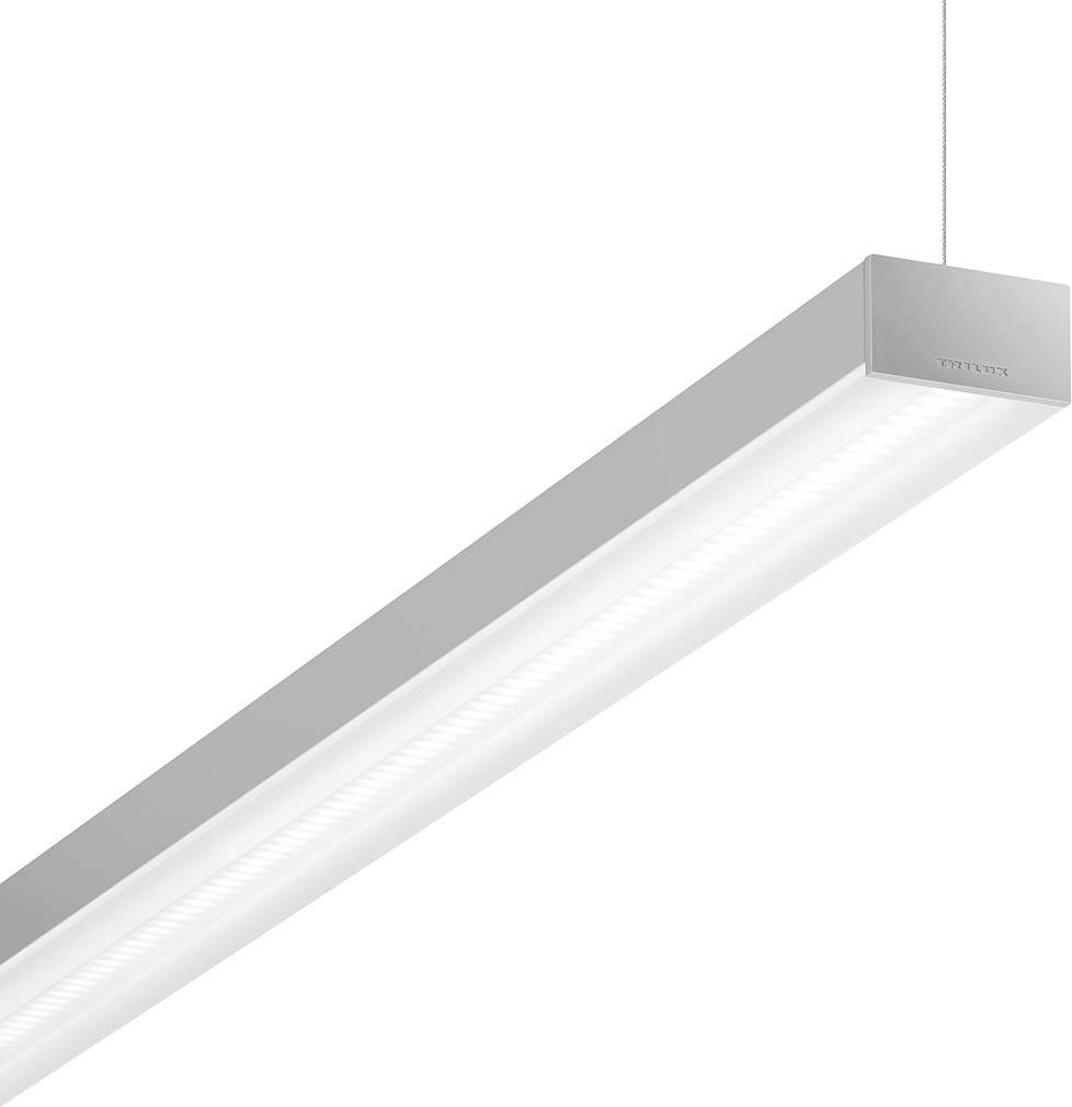 Eine moderne, silbergraue LED-Leuchte mit rechteckigem Design, die an einem Kabel von der Decke hängt.