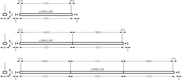 Drei technische Diagramme zeigen die Abmessungen von rechteckigen Objekten. Länge und Breite sind mit Zahlen in Millimetern angegeben.